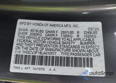 2020 Honda Accord Hybrid from USA, damaged, VIN 1HGCV3F18LA010517